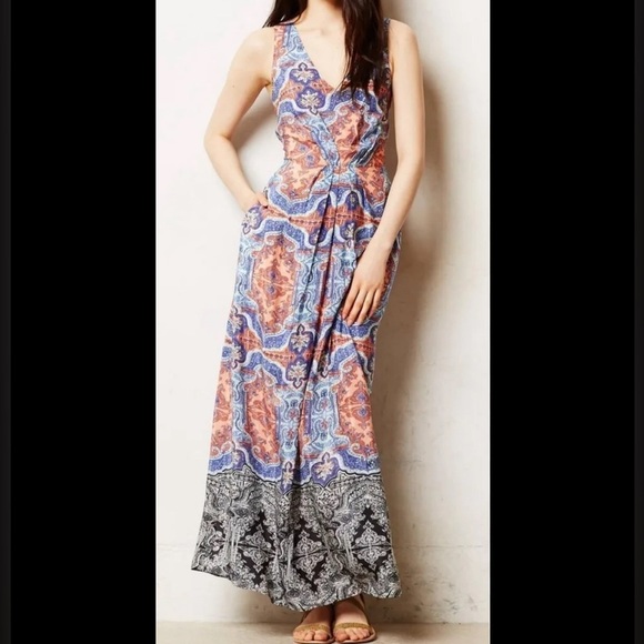 Maeve X Anthropologie 100% Silk Medallion Paisley  Maxi Dress W/ Pockets Size 4P - Picture 1 of 7